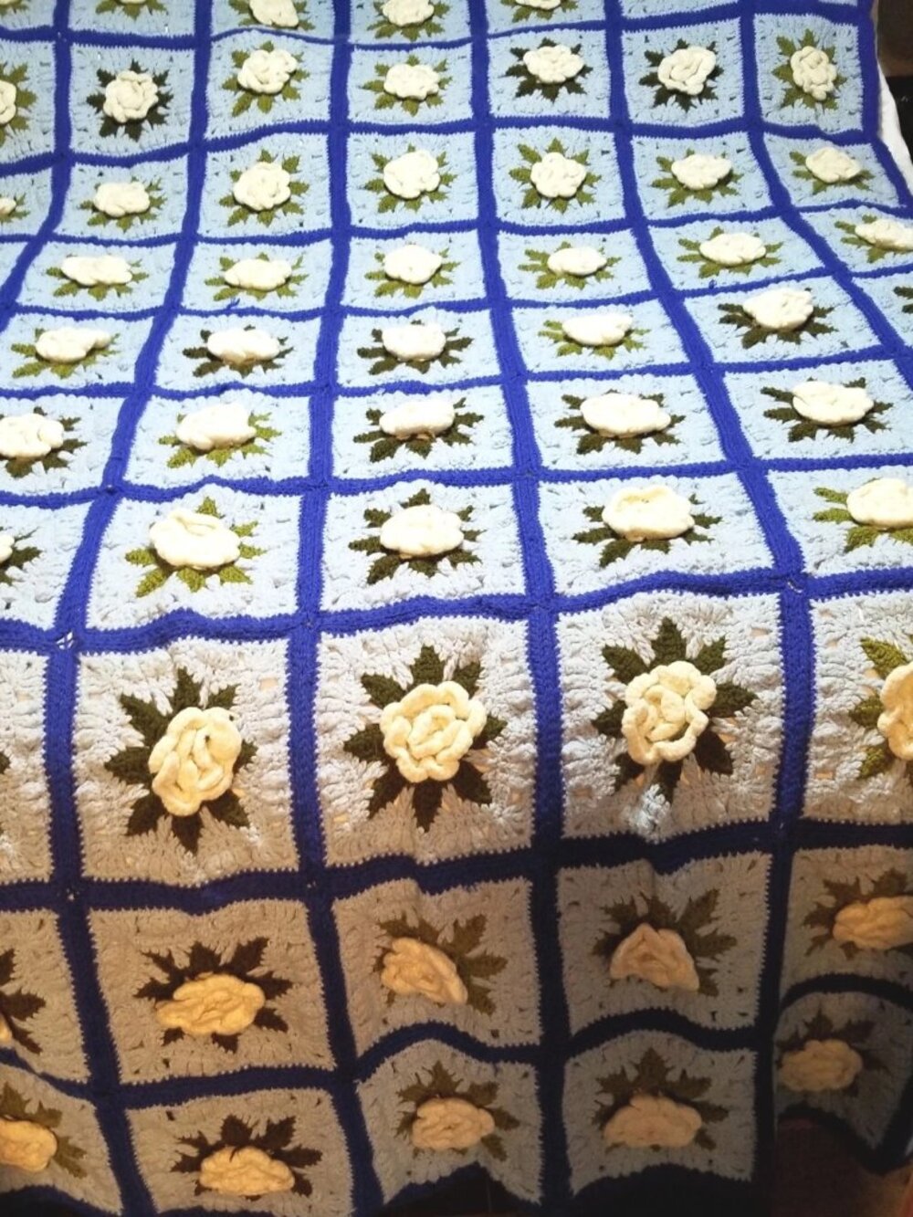 Large Blue Handmade Crocheted Quilt Blanket with 3D Flower Squares (93" by 57")
